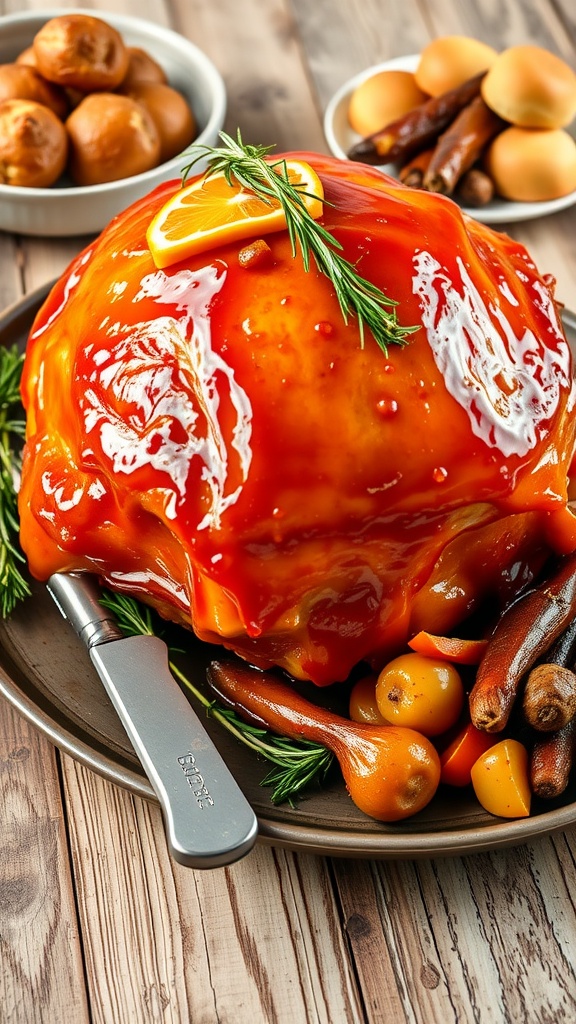 A beautifully glazed baked ham garnished with rosemary and oranges, on a wooden table with sides.